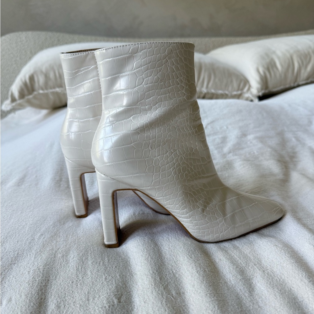 White Croc-Embossed Heeled Boots
